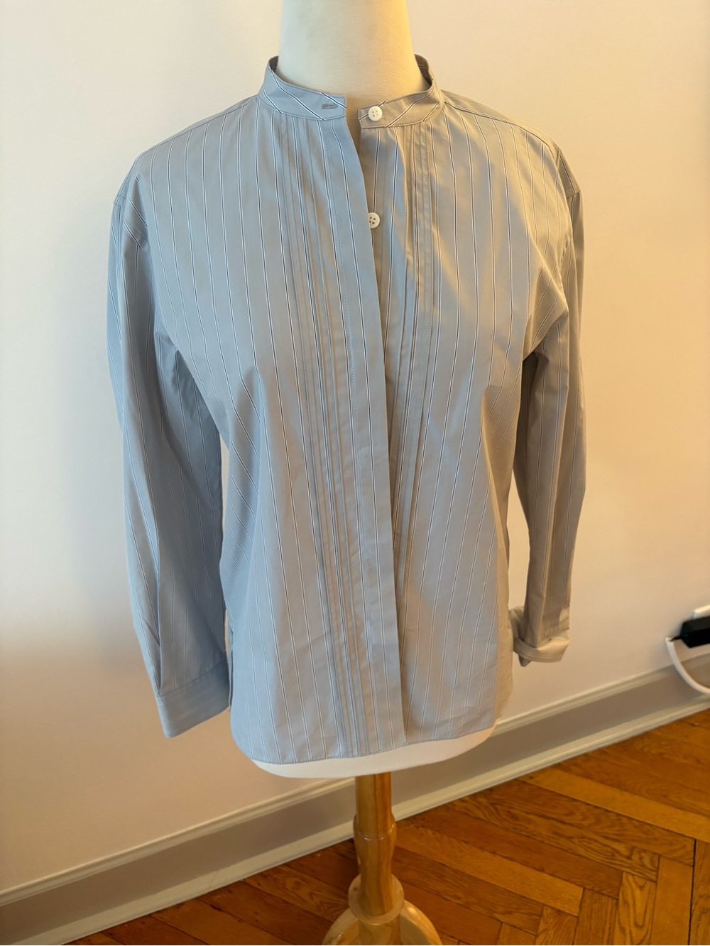 Light Blueish gray  Pinstripe Band-Collar Shirt NWT THEORY